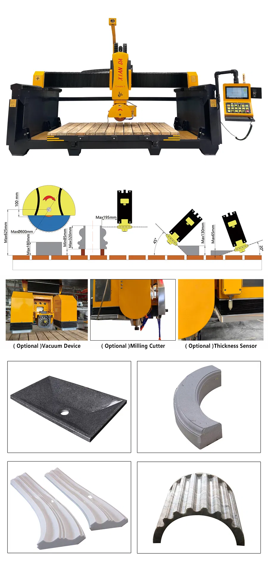 5 Eksenli CNC K&ouml;pr&uuml; Tipi Kesme Makinesi, 3400x2000mm &Ccedil;alışma Masası ve Granit ve Mermer İ&ccedil;in 0&deg;-360&deg; Kafa D&ouml;n&uuml;ş&uuml; 0
